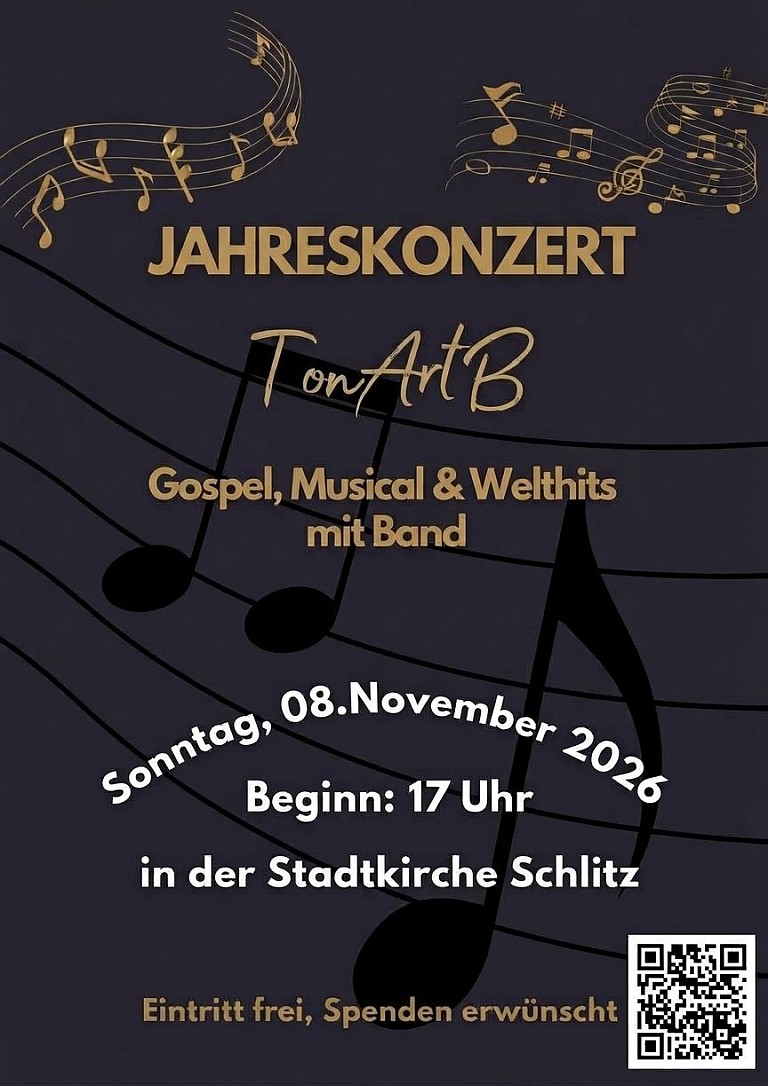 Jahreskonzert TonArtB, Sonntag, 08.11.2026, 17 Uhr, Stadtkirche Schlitz