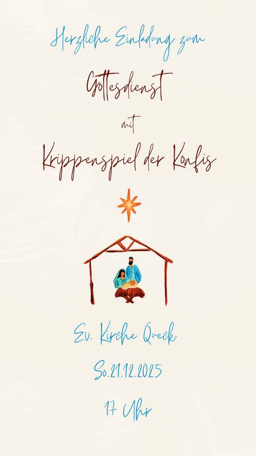 Gottesdienst mit Krippenspiel, 21. Dezember 2025, 17 Uhr, Kirche Queck